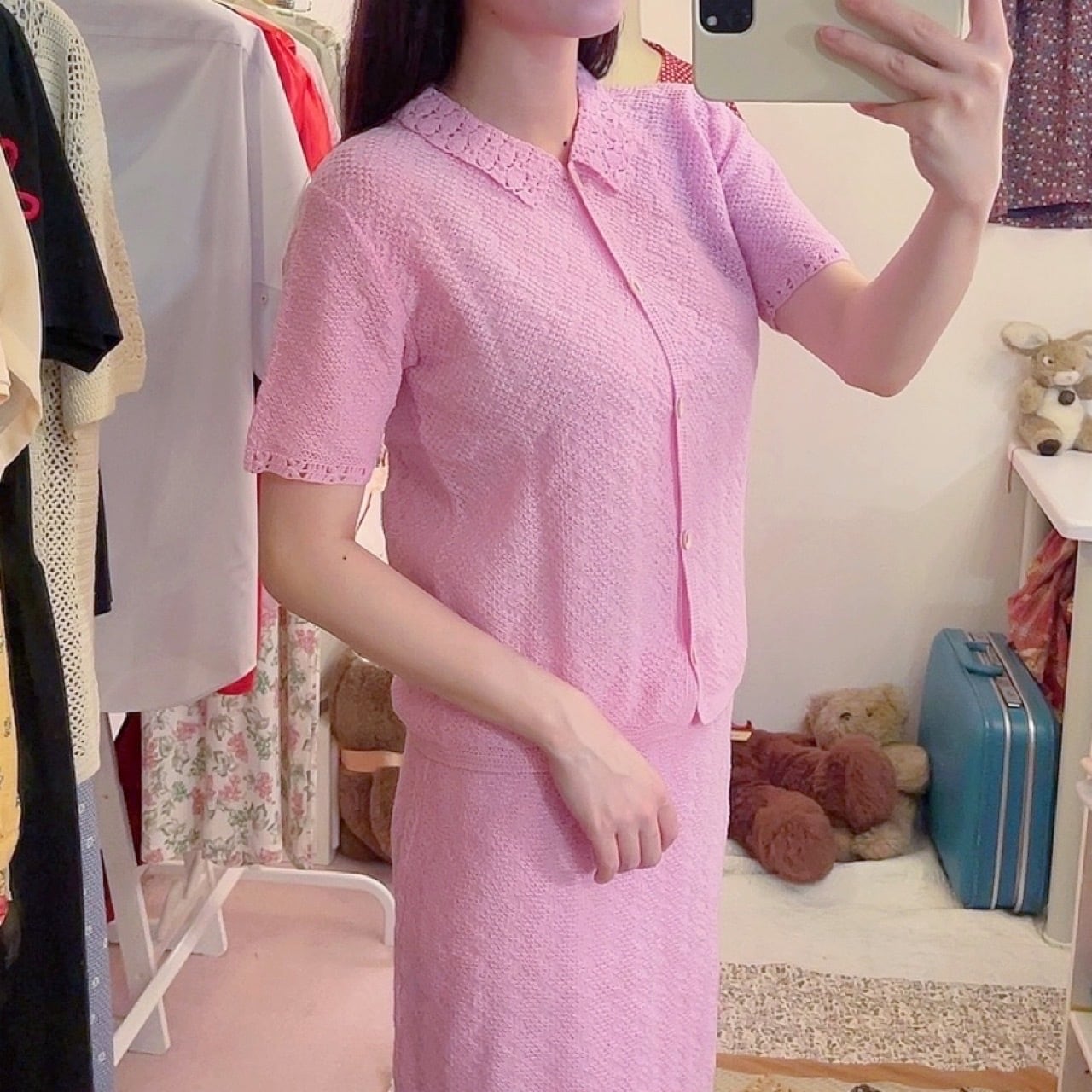 carnation pink hand knit set up
