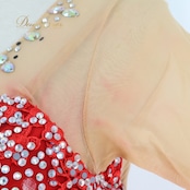 社交ダンス 衣装 スタンダードドレス ドレス ワンピース 赤 フリル レース デモ 競技 ダンス パーティ 発表会 豪華 華やか 真っ赤 上品 レッド系 フリルレース おしゃれ デザイン 競技用 衣装 女性用 パフォーマンス ステージ衣装 ステージパフォーマンス