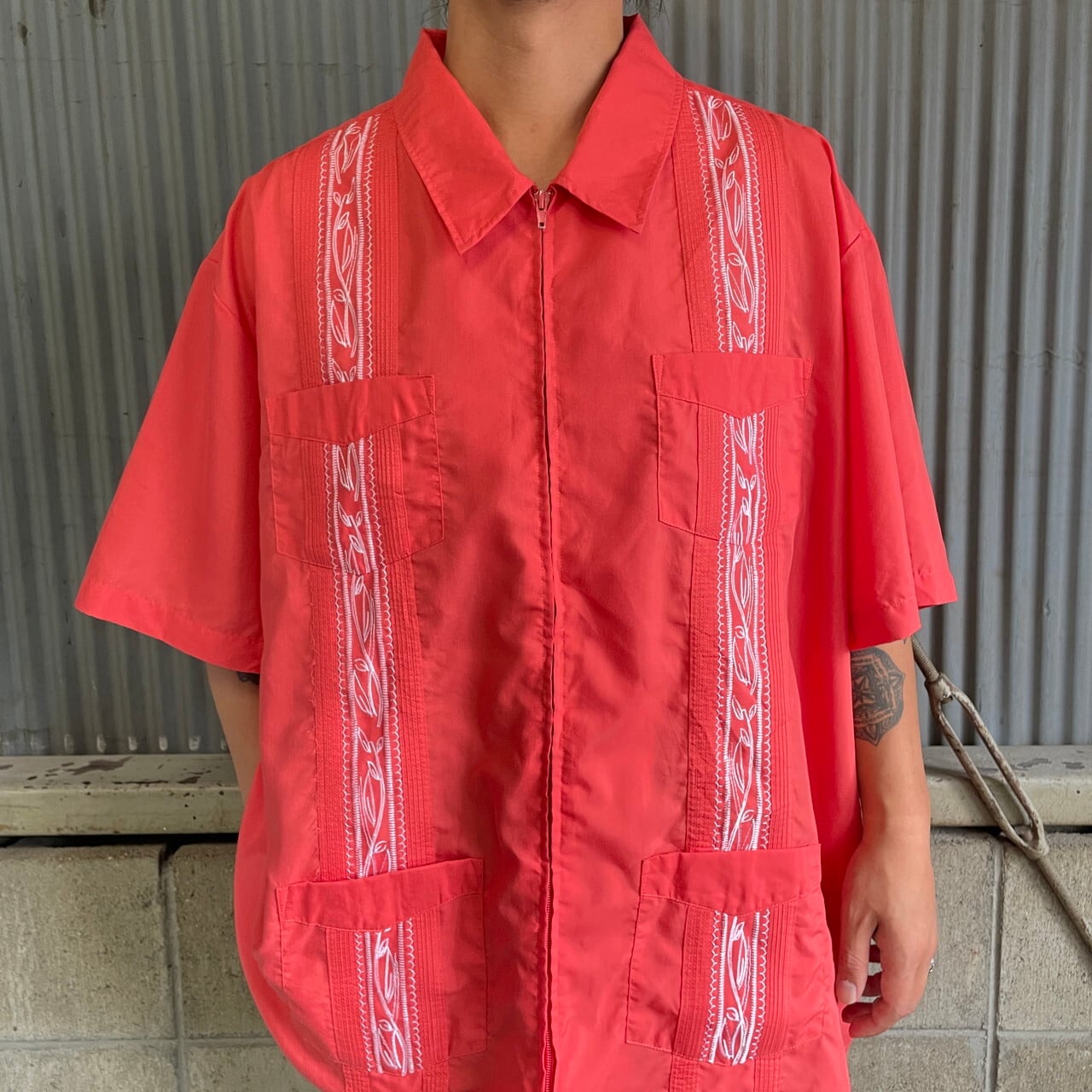 90年代 GUAYABERA 半袖 刺繍 ジップアップ キューバシャツ メンズ3XL