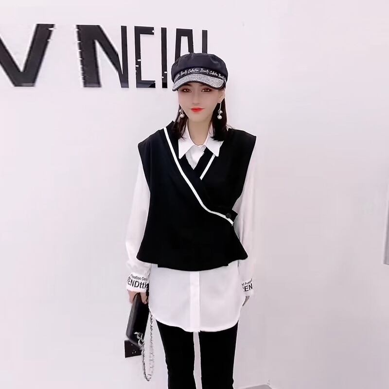 スプリングスタイルホワイトストライプサイドカフシャツ 大きめサイズ 春物 ミックスインファッション65403319059