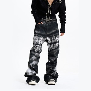 【DRIP6897】F3X 3D Teeth Print Bleached Semi Flare Denim Pants
