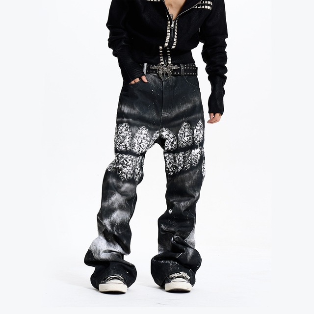 【DRIP6897】F3X 3D Teeth Print Bleached Semi Flare Denim Pants