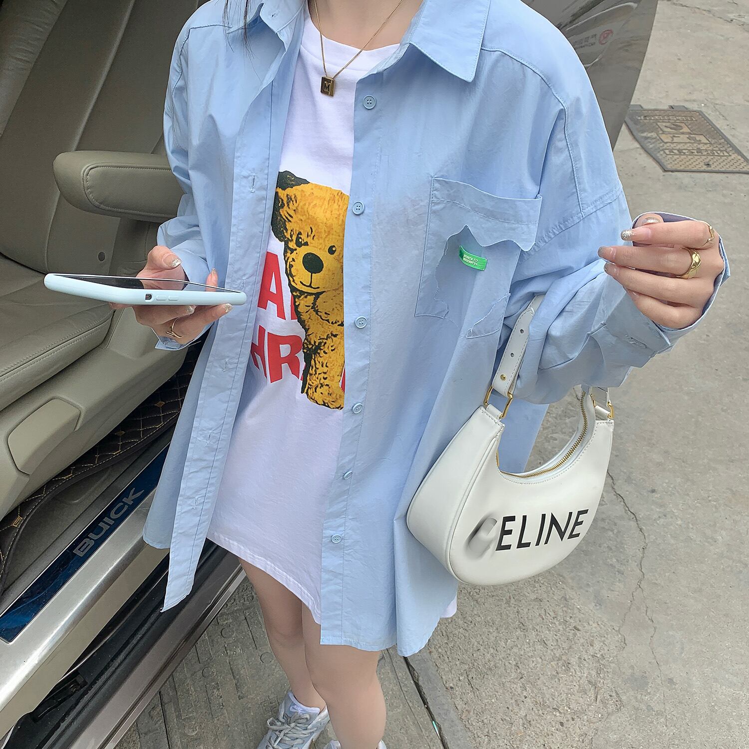 ブルーシャツ オータムロングルーズ長袖スリーブ 秋物 HUCHUJING47236422176