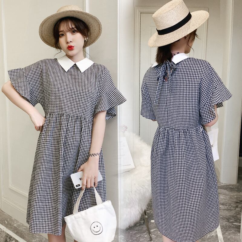 【新作】【送料無料】 新しいマタニティドレスファッション人形の襟の格子縞のルーズマタニティドレスのマタニティドレス2019夏バージョン-アリババ サマー 夏物 expec2664199327