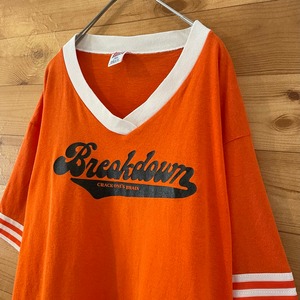 【SOFFE】90s USA製 Vネック 半袖Tシャツ プリント リブライン Lサイズ ヴィンテージ  US古着 アメリカ古着