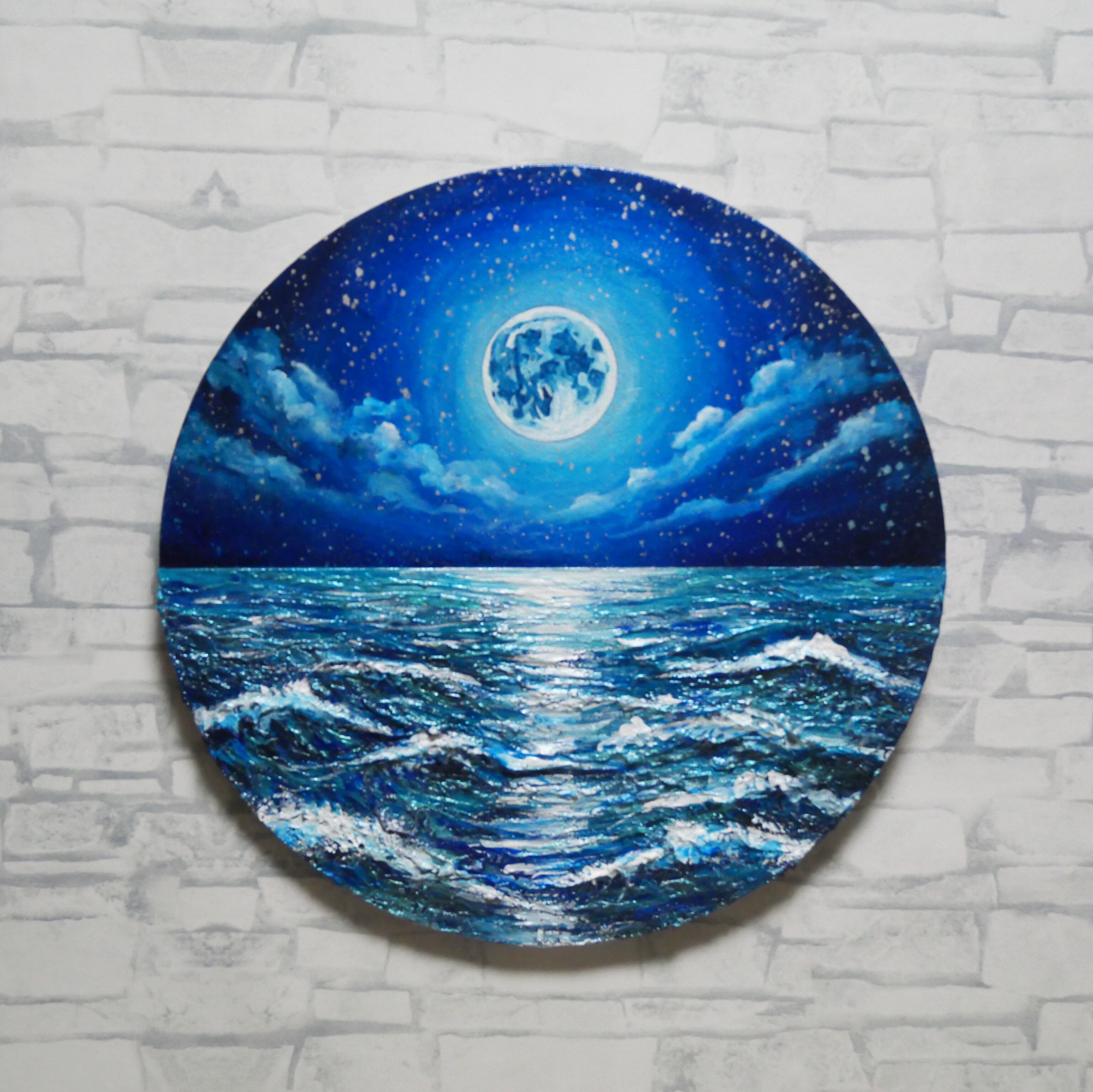 油絵】心を落ち着かせる海景画 丸形「青い満月と輝く海」油彩画