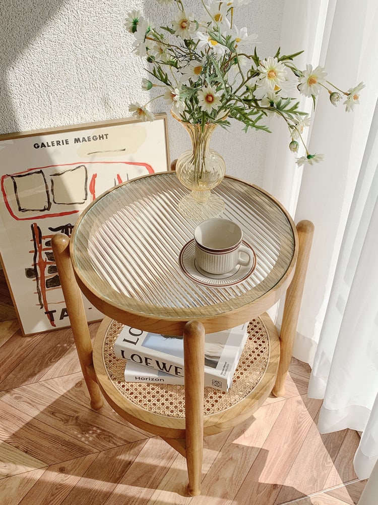 glass rattan circle table / ガラス ラタン サークル 2段 サイド