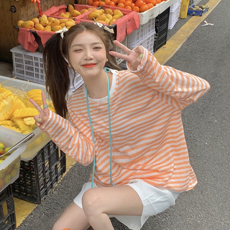 ルーズストライプトップス スプリングオータムTシャツ レディース ロング 春物 秋物 スーパーモール3758176300