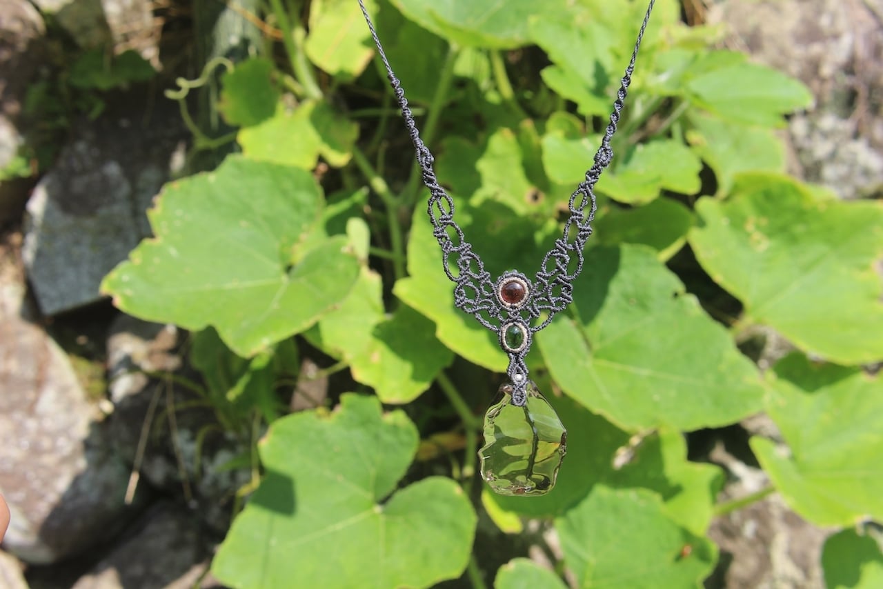 Healing Smoky quartz & Rhodolite Garnet & Peridot  micro macrame necklace