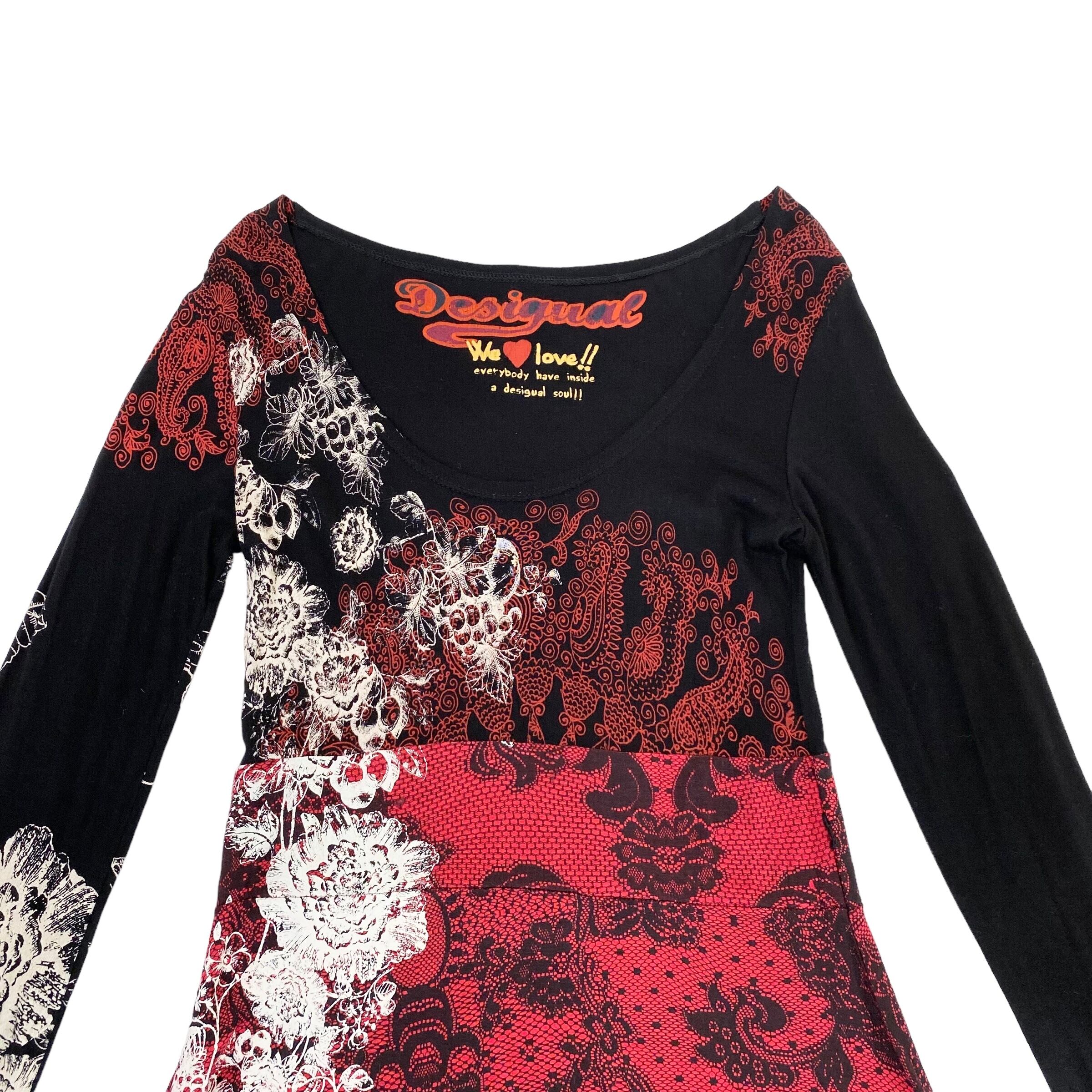 中古 デシグアル Desigual 長袖 Tシャツワンピース 黒×赤 花柄 レース レディース Lサイズ