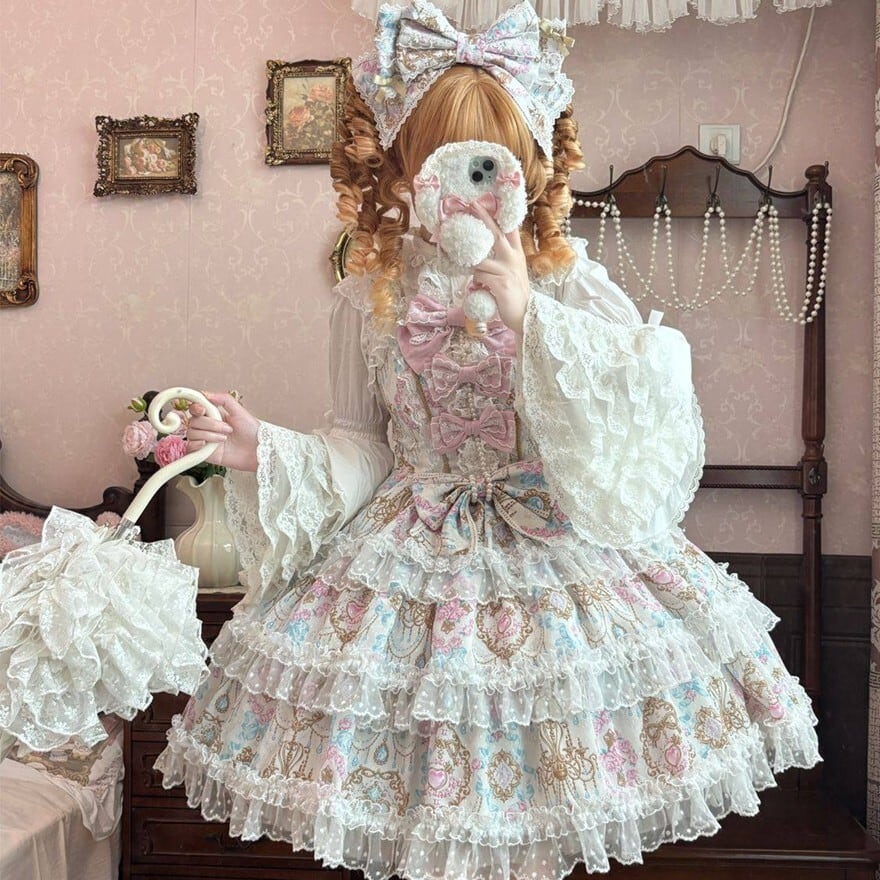 甘ロリ 花柄 JSK ピンク×パープル 多層フリル レース 姫系 ロリータ