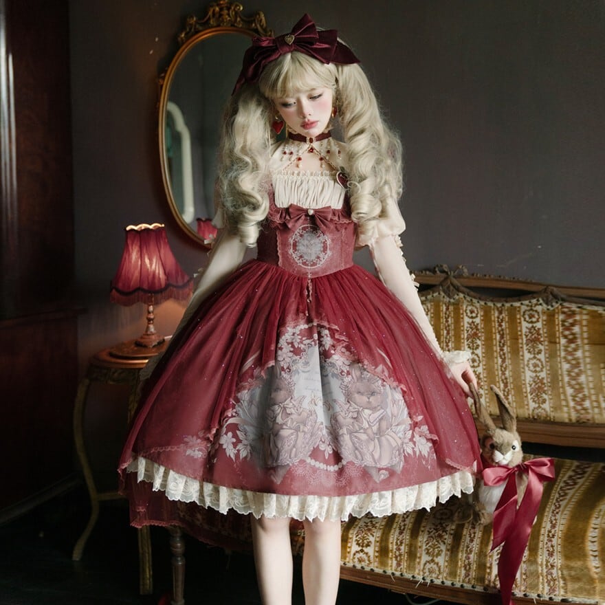 ロリィタ ALICE セットアップ バックリボン 甘ロリ レトロ プリント柄