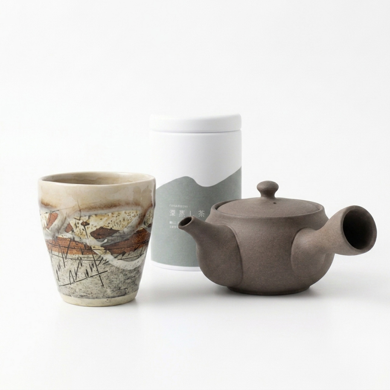厳選【本格 日本茶セット】常滑急須 美濃焼湯呑み 静岡深蒸し茶 マットブラウン