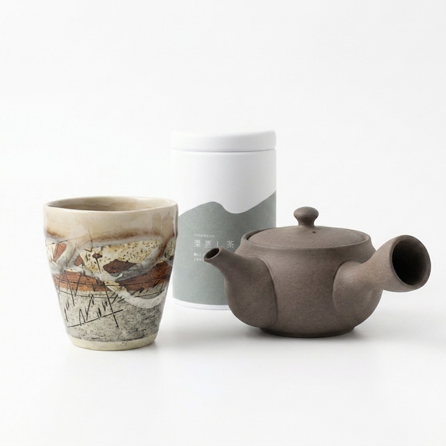 厳選【本格 日本茶セット】常滑急須 美濃焼湯呑み 静岡深蒸し茶 マットブラウン
