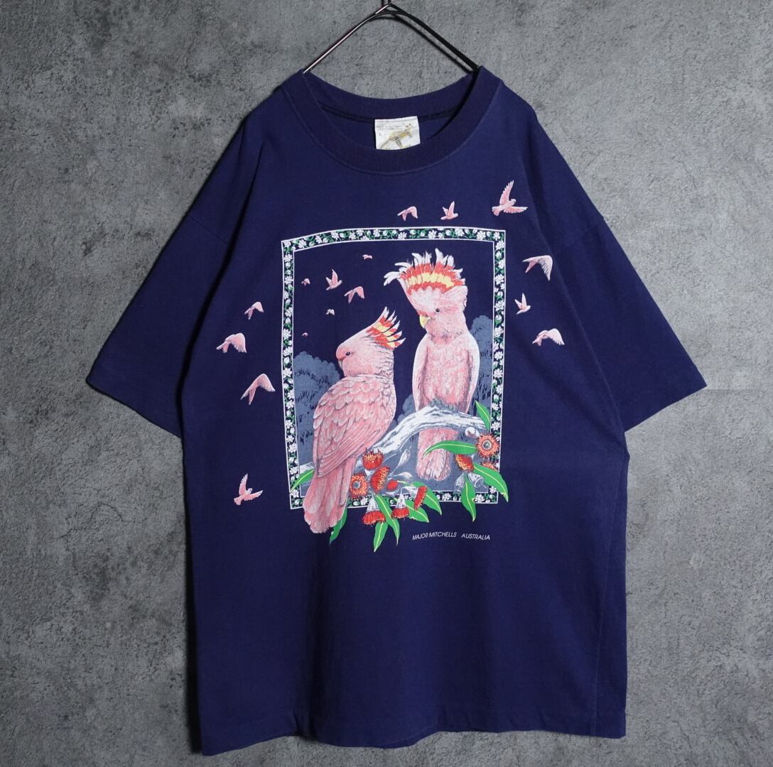 90s Navy bird flower print T-shirt