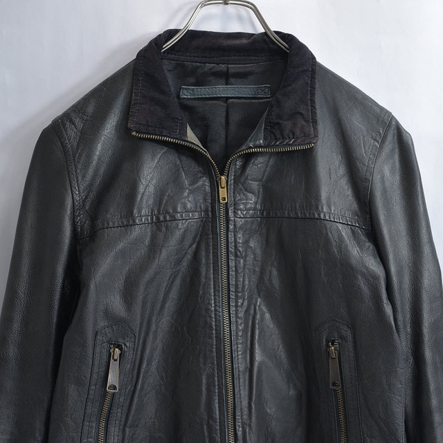 Used ブラックレザー シングルライダースジャケット 本革 タロンジッパー 黒 スタンドネック 革ジャン アウター ジャンパー 古着 ヴィンテージ ビンテージ メンズ相当