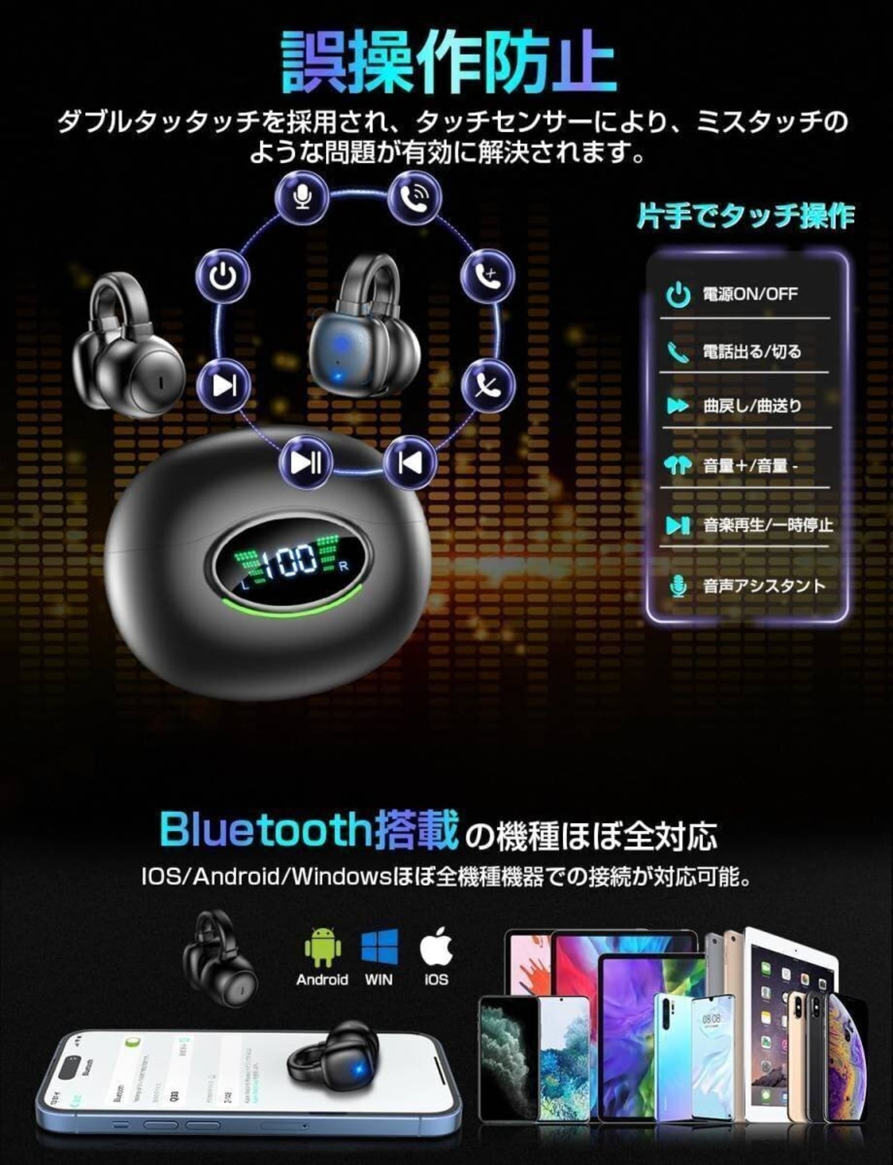 Bluetooth5.3 空気伝導 ワイヤレスイヤホン 骨伝導 オープンイヤー 音漏れ抑制 耳閉塞なし 数値LED Type-C急速充電