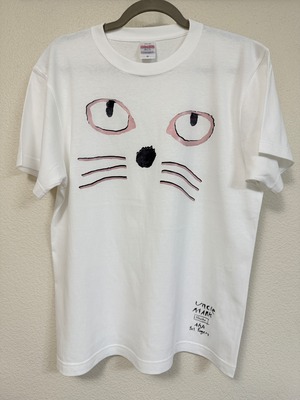 一点物!　cat face White Tシャツ (black and pink ink)　 サイズM
