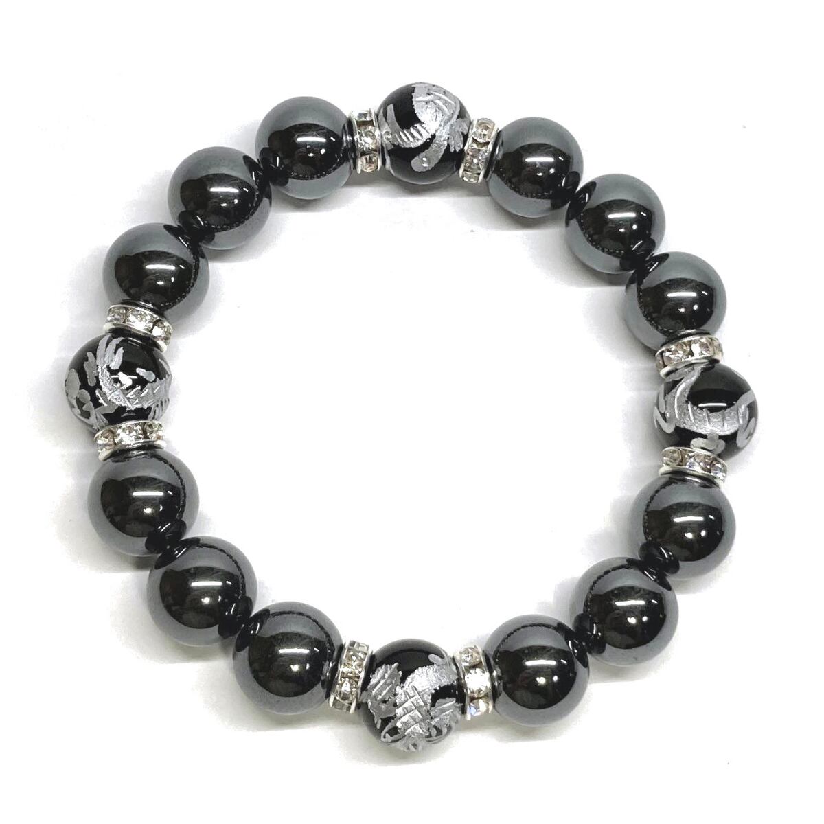 12mm 四神獣銀彫オニキス×ヘマタイト パワーストーン ブレスレット