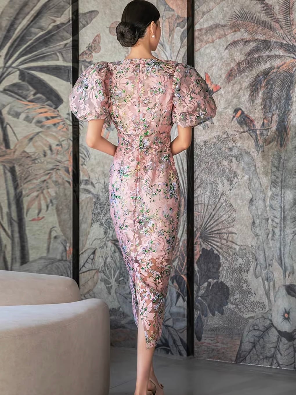 シースルーフラワービッグパフスリーブワンピース 2色展開 | nite.nite