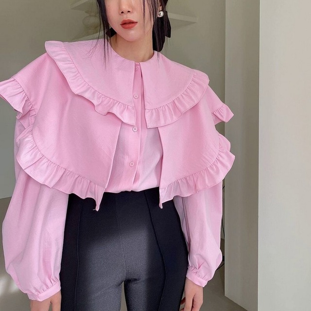 Sweet pink double frill collar blouse