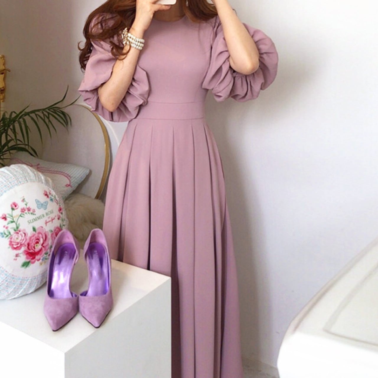 ボリュームスリーブ パフロング ワンピース W76