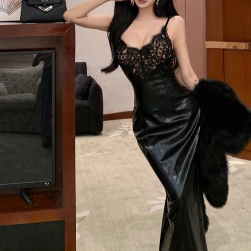 レースフェイクレザーワンピ ・12792