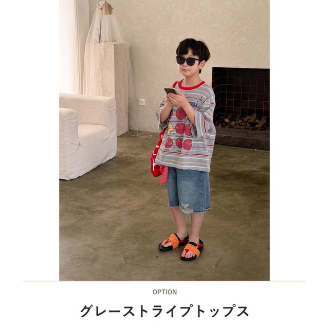 【姉妹服】アップルプリントストライプ半袖Tシャツ／ワンピース - 2