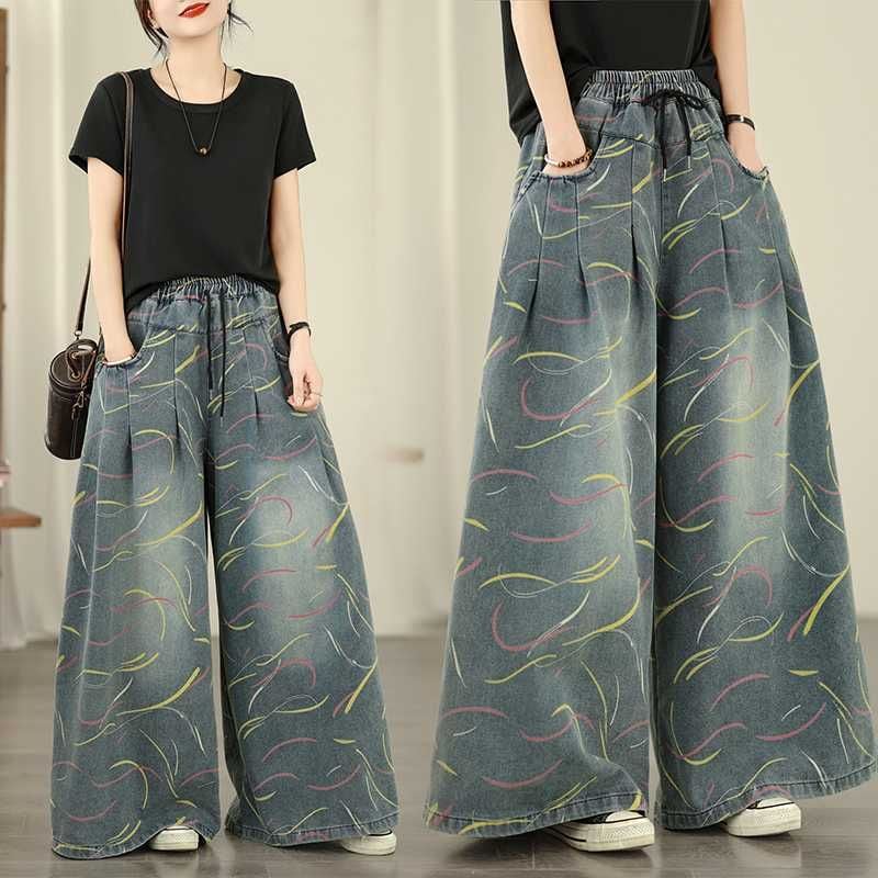 PRINT A-LINE WIDE LEG DENIM PANTS 1color M-15829