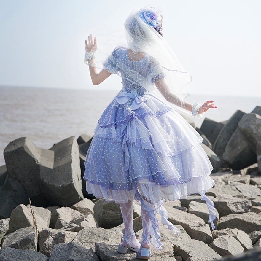 海外ロリータドレス　清楚系　薄紫色　コサージュとセット♡ XSサイズあり【ROBE de FLEURS/ローブドフルール】ツイード/ ジップ