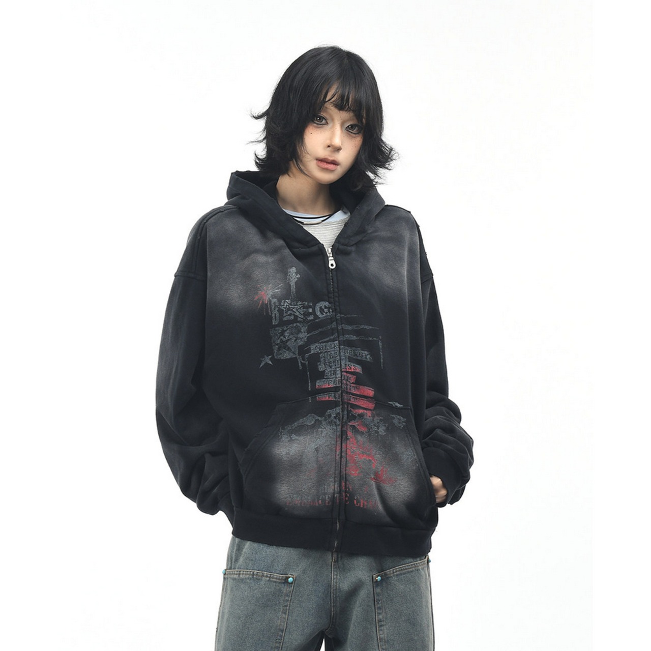 VINTAGE ストリート スプレー加工 ジップパーカー T1992