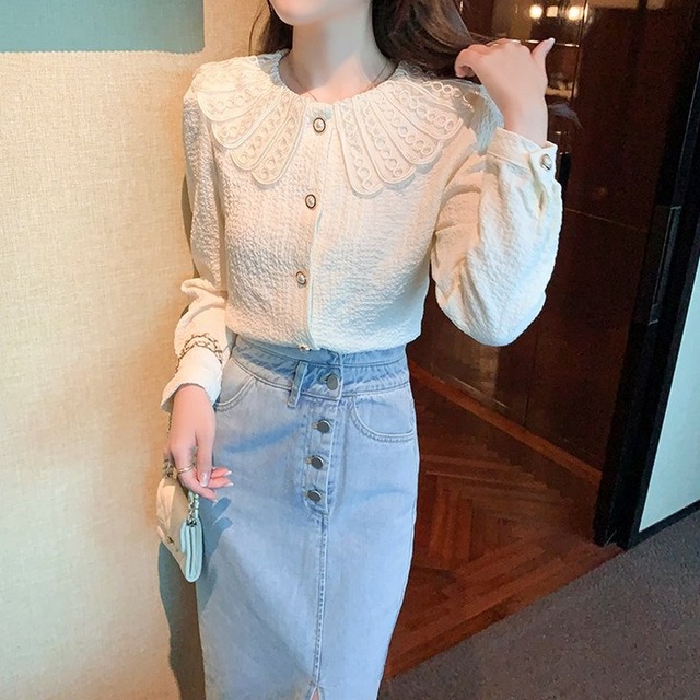 【即納】【S-2XL】貝殻襟のブラウス