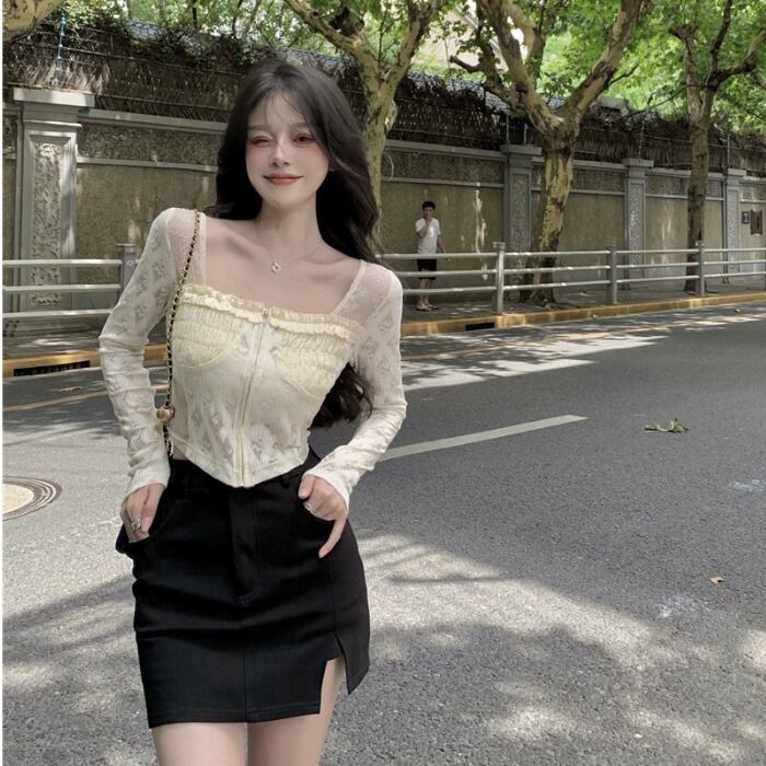 スリムレースジッパーバック長袖スリーブカジュアルトップス レディースサマー ロング 夏物 スクウェア ドラファッションホール76551512961