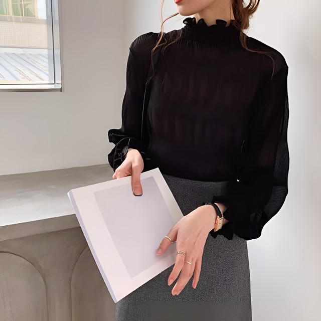 ハーフタートルネックフリルシフォンボトリングシャツ　BM0307