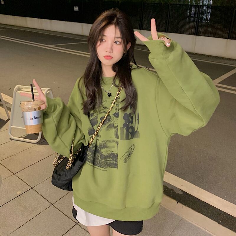 グリーンラウンドネックオータムウィンターベルベットルーズトップス コットン 秋物 冬物 Oネック スーパーモール28136960351