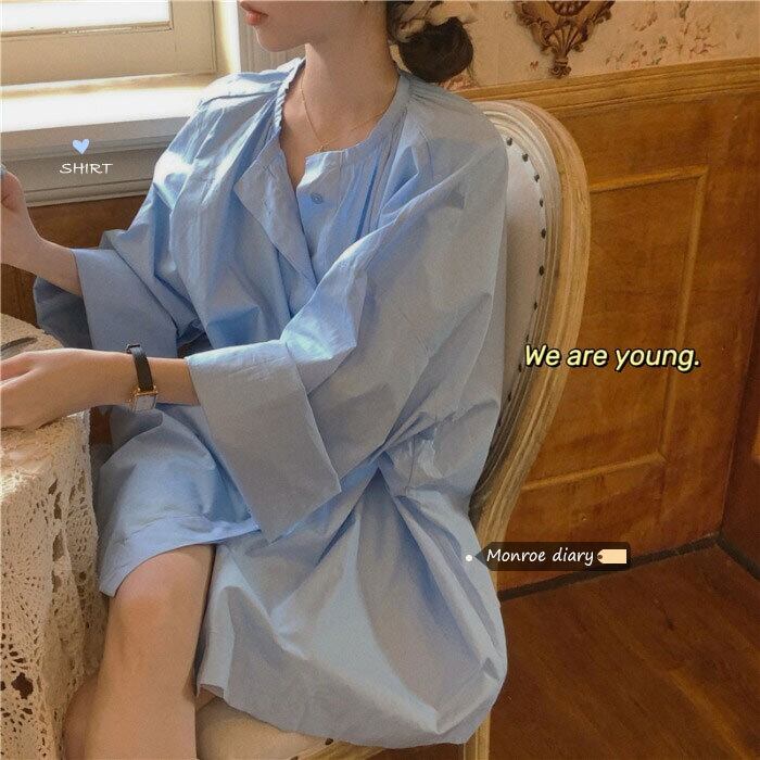 ブルーシャツ ジャケット スプリングスタンダードブラウス ロング レトロ 春物 モンロー63643187247