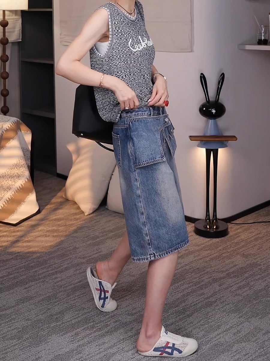 希少　キャピタル　デニム サルエル　ハーフ パンツ　ポンポン　ウエストゴム　美品 デニムウエストベルトポケット風ハーフパンツ 膝上 ハーフパンツ