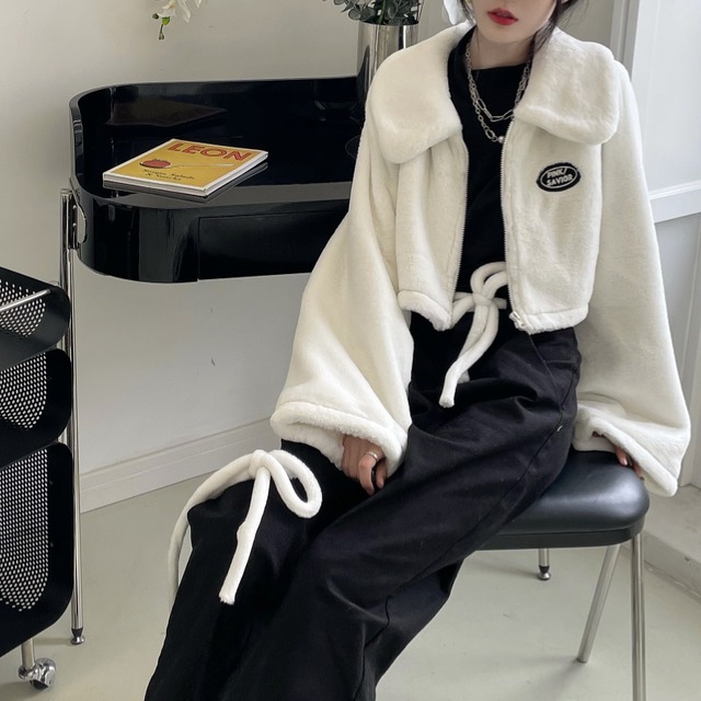 pinksavior冬の短い毛皮の包帯毛皮のコートのズボン黒と白のコントラストのスーツ ショート ホワイト ブラック ウィンター 冬物  PSTB6049004800 | TOKYOBLACK