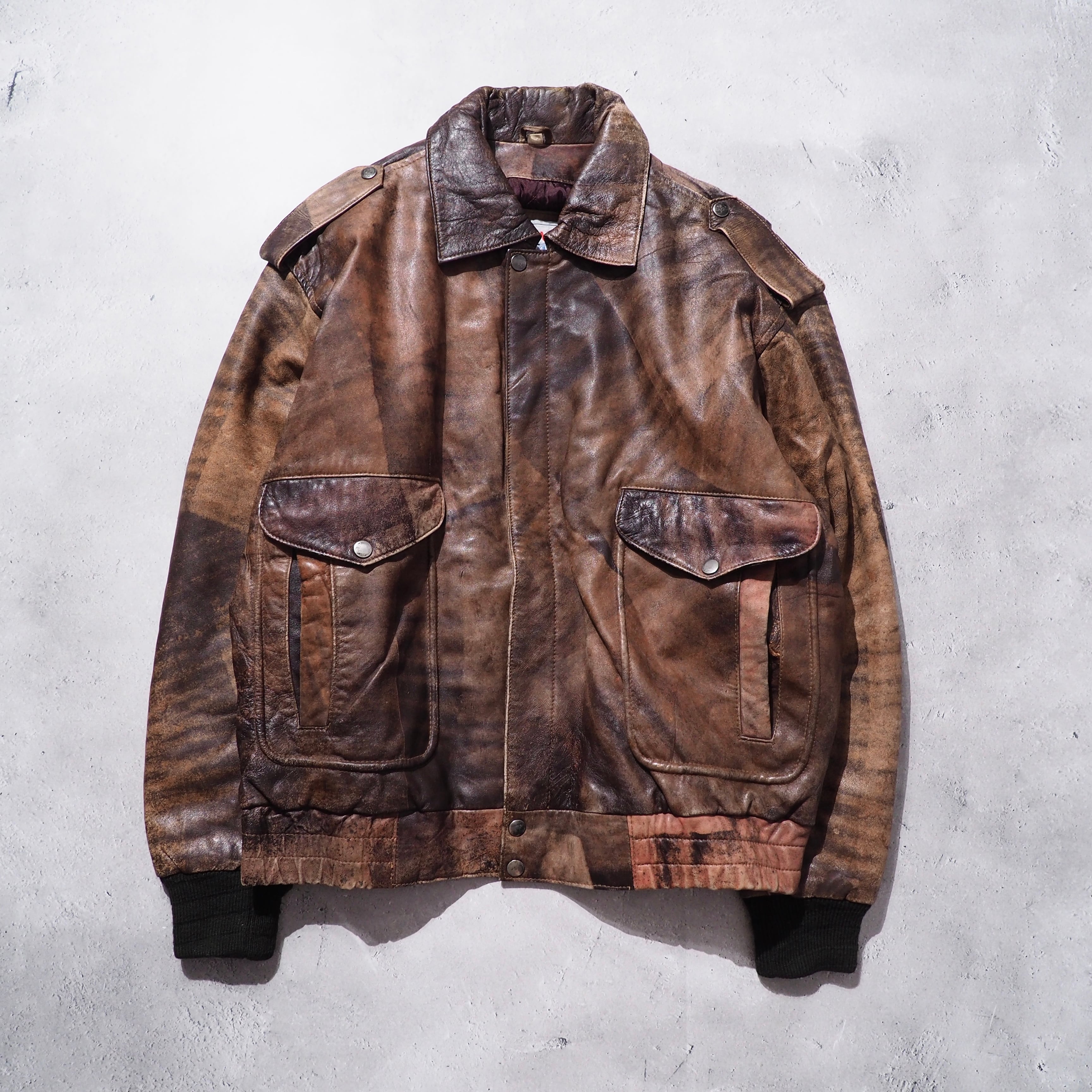 ” Special ” Aging processing Big Pockets vintage leather jacket