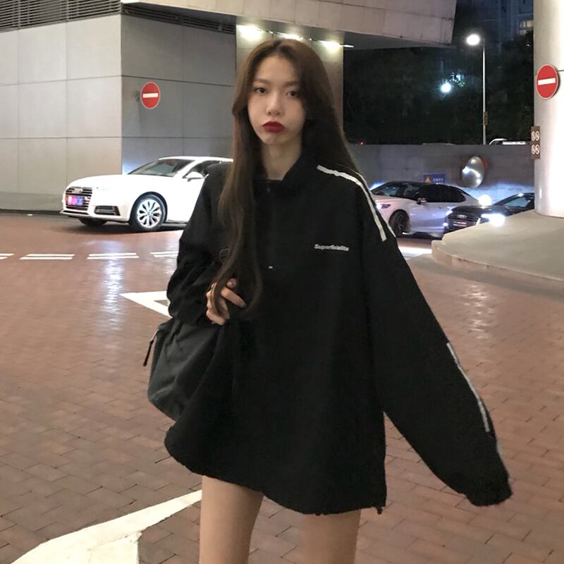 スプリングオータムルーズカジュアルブラックセーター トップス ストリート 春物 秋物 試着室83875009835