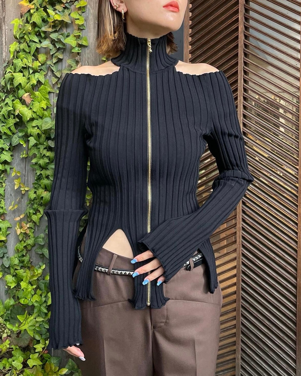 FETICO RIB たかれ KNIT SLIT TOP BLACK size1