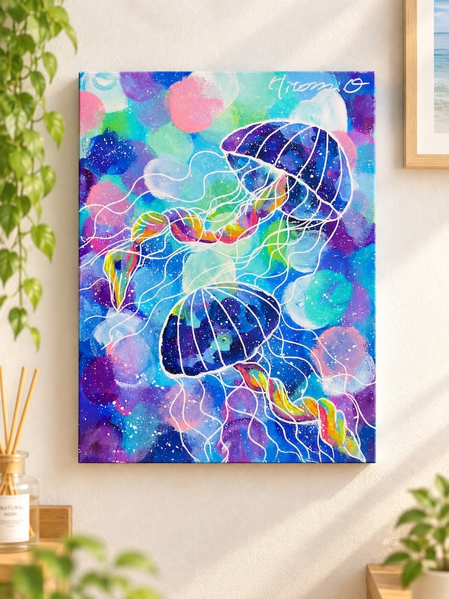 A-126/26】原画 絵画 モナリザ風猫 カラフル 27.3×22cmキャンバス 真作