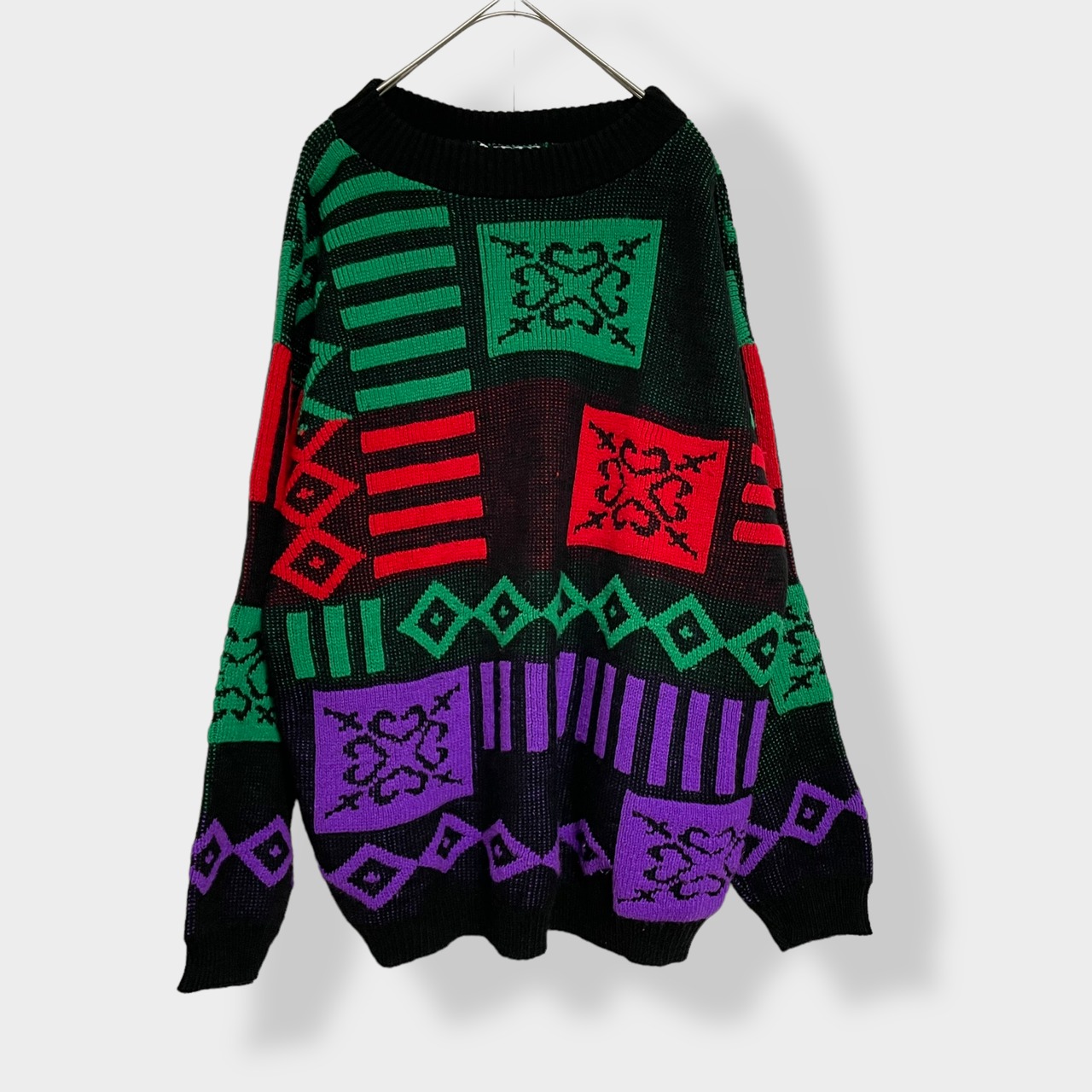 【Distinctive Sportswear】80s 柄ニット セーター デザインニット 総柄 柄物 個性的 マルチカラー アクリル US古着