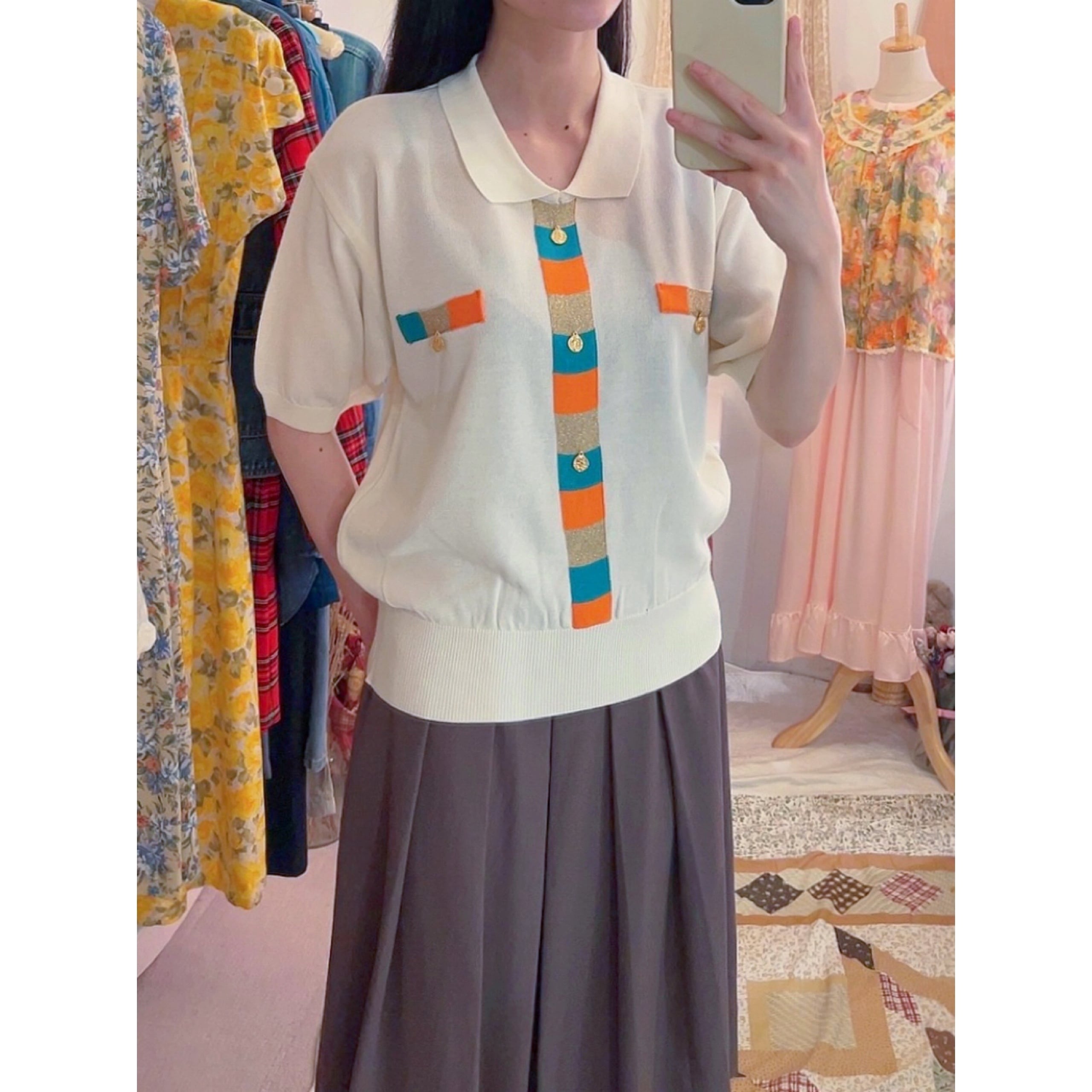color block coin charm polo knit