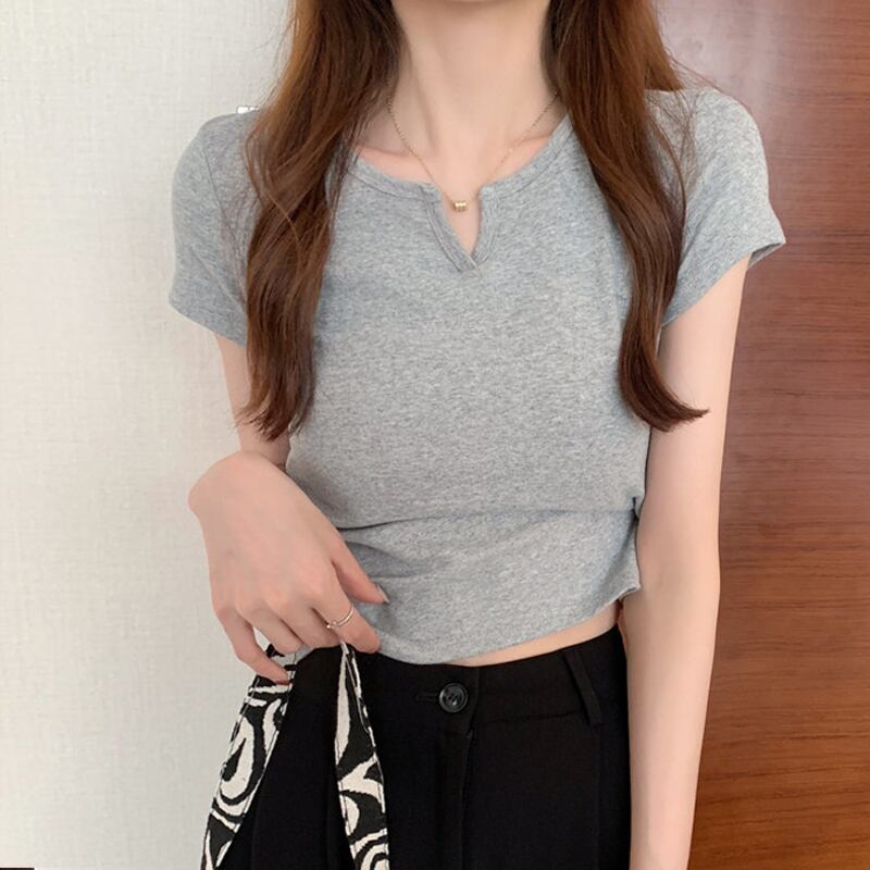 サマーレッドショートVネックグレーTシャツ 夏物 スーパーモール95595554996