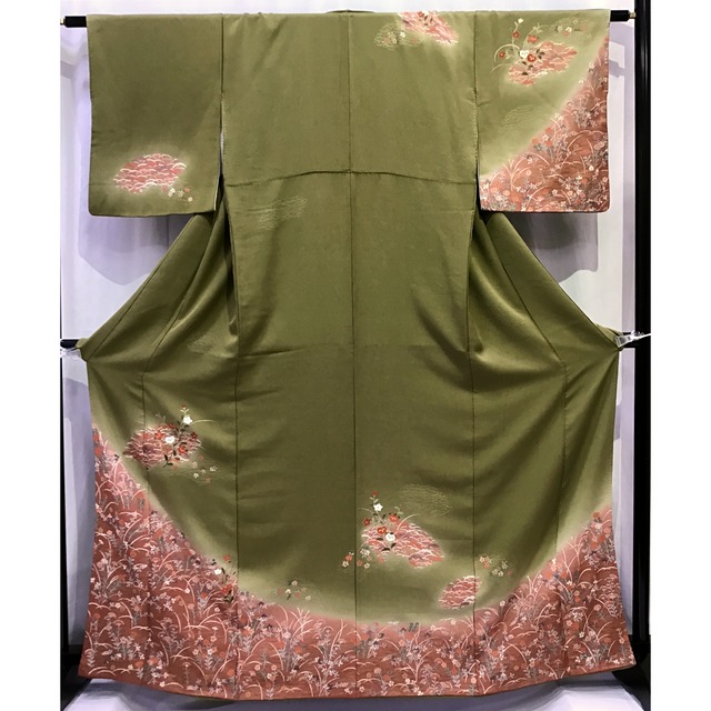 正絹・訪問着・緑地・植物模様・着物・No.200701-0751・梱包サイズ60