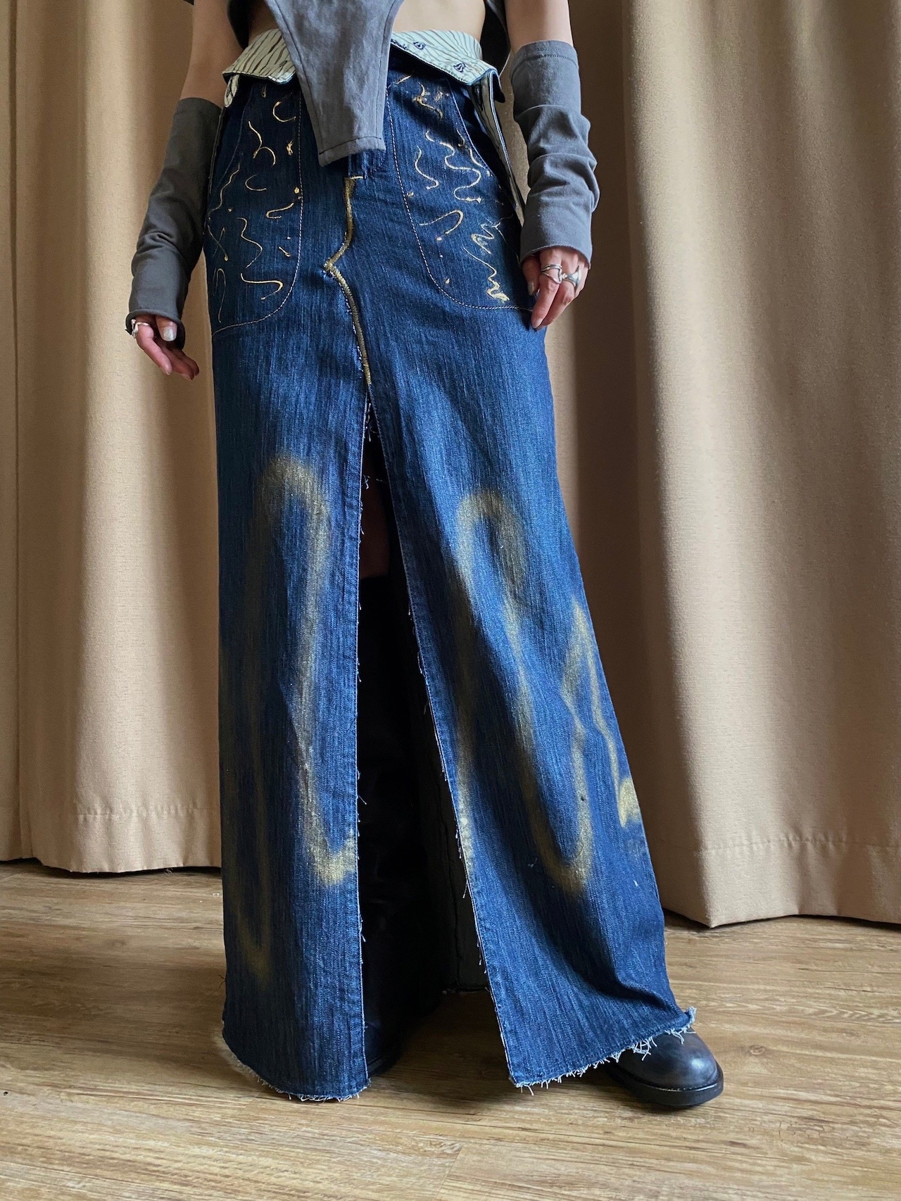 gold paint design remake denim skirt-4194-6