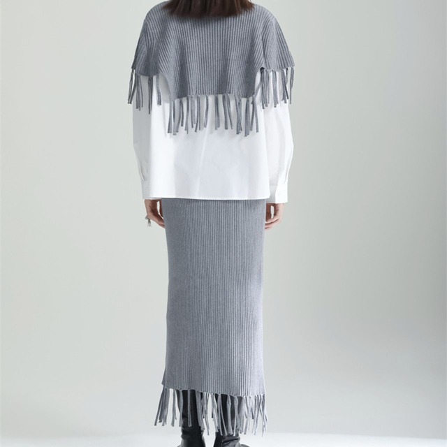 Fringe rib knit cape and tight skirt【3color】 C0913