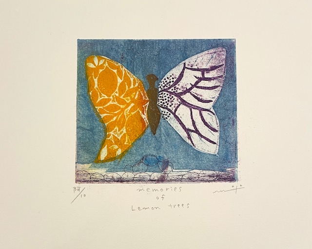 溝上幾久子 Mizokami Ikuko "memories of lemon trees" color etching, drypoint  2023