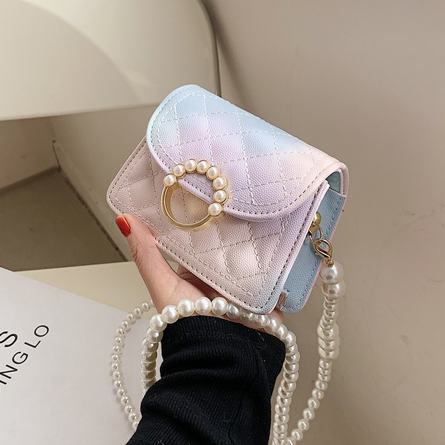 サマーパールチェーン レッド 夏物 真珠 スクウェア メッセンジャーバッグ 手作りハンドバック71224282430